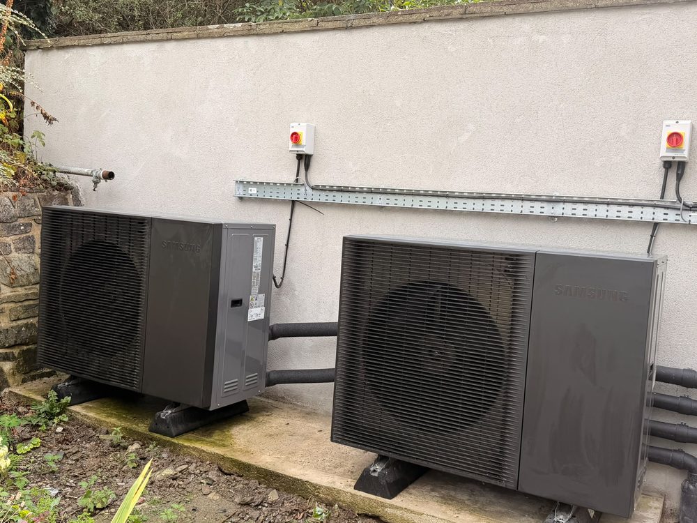 Twin Samsung air source heat pump units installed by Allied Heating